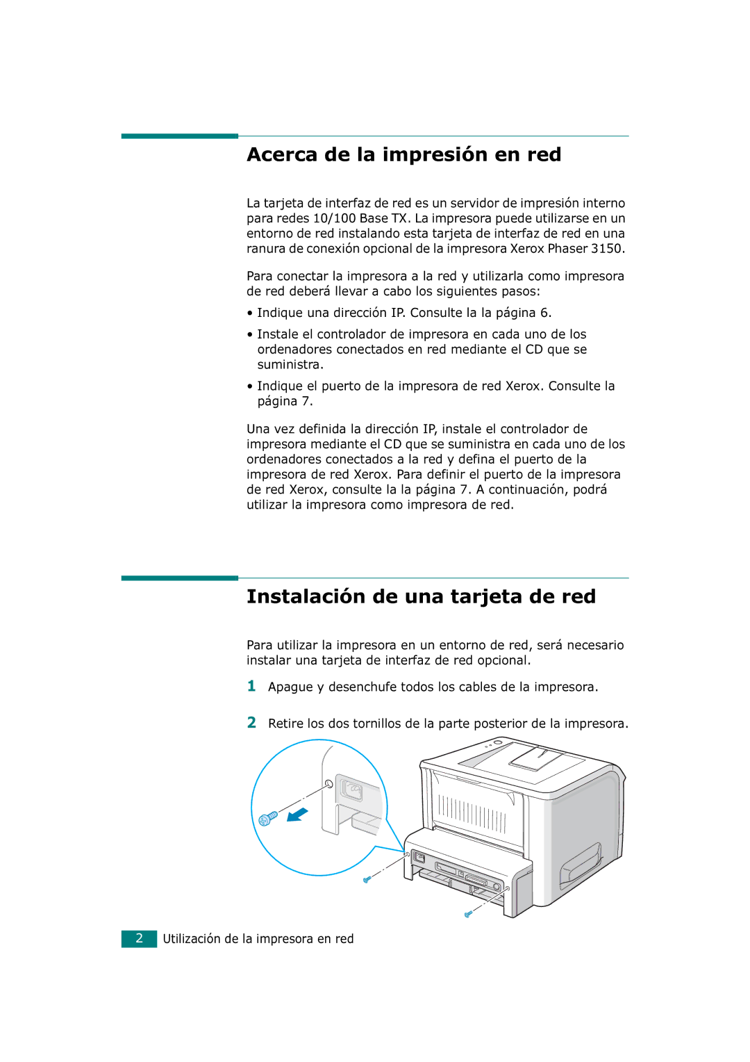 Xerox 3150 manual Acerca de la impresión en red, Instalación de una tarjeta de red 