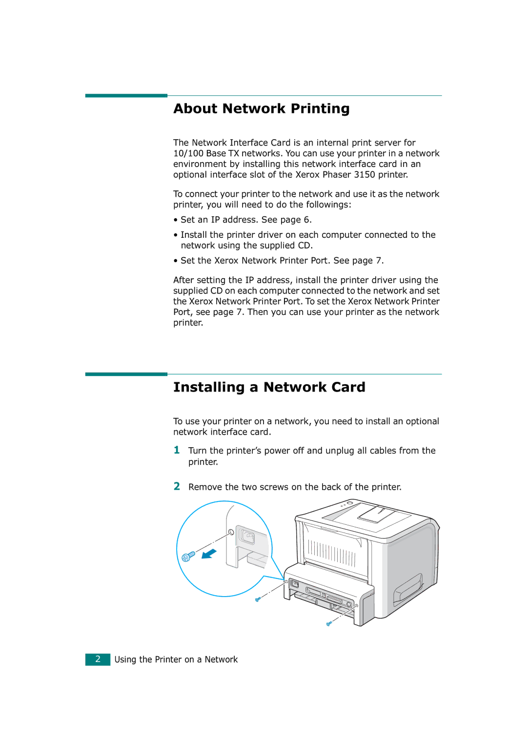 Xerox 3150 manual About Network Printing, Installing a Network Card 