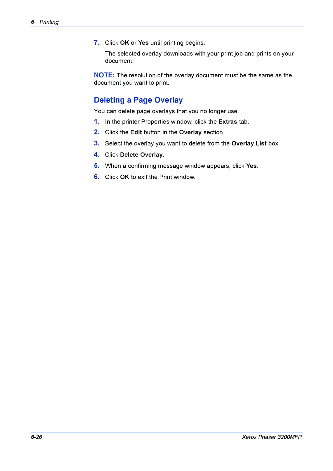 Xerox 3200MFP manual Deleting a Page Overlay, Click Delete Overlay 