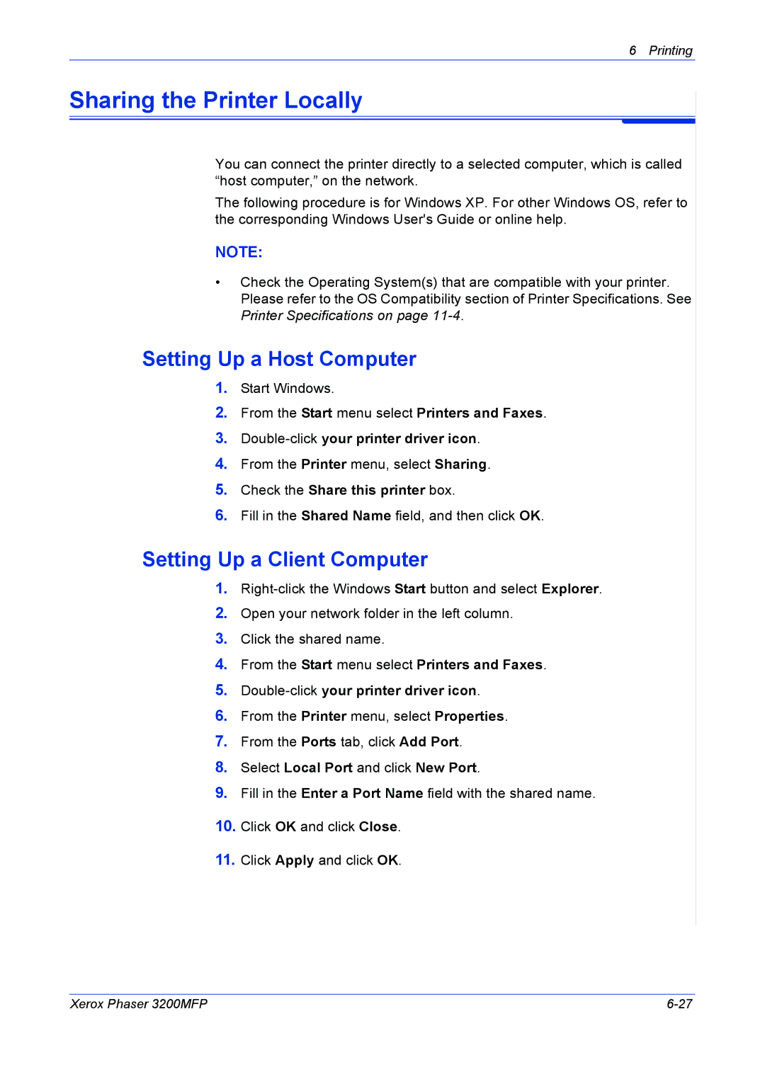 Xerox 3200MFP manual Sharing the Printer Locally, Setting Up a Host Computer, Setting Up a Client Computer 