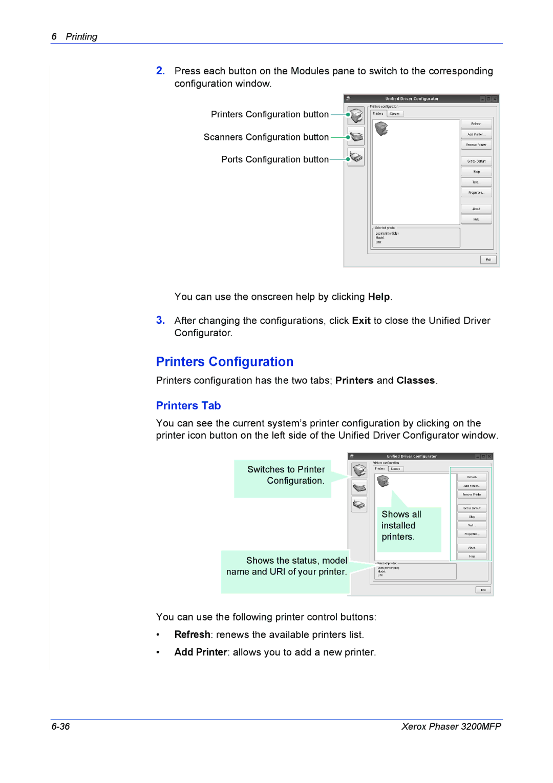 Xerox 3200MFP manual Printers Configuration, Printers Tab 