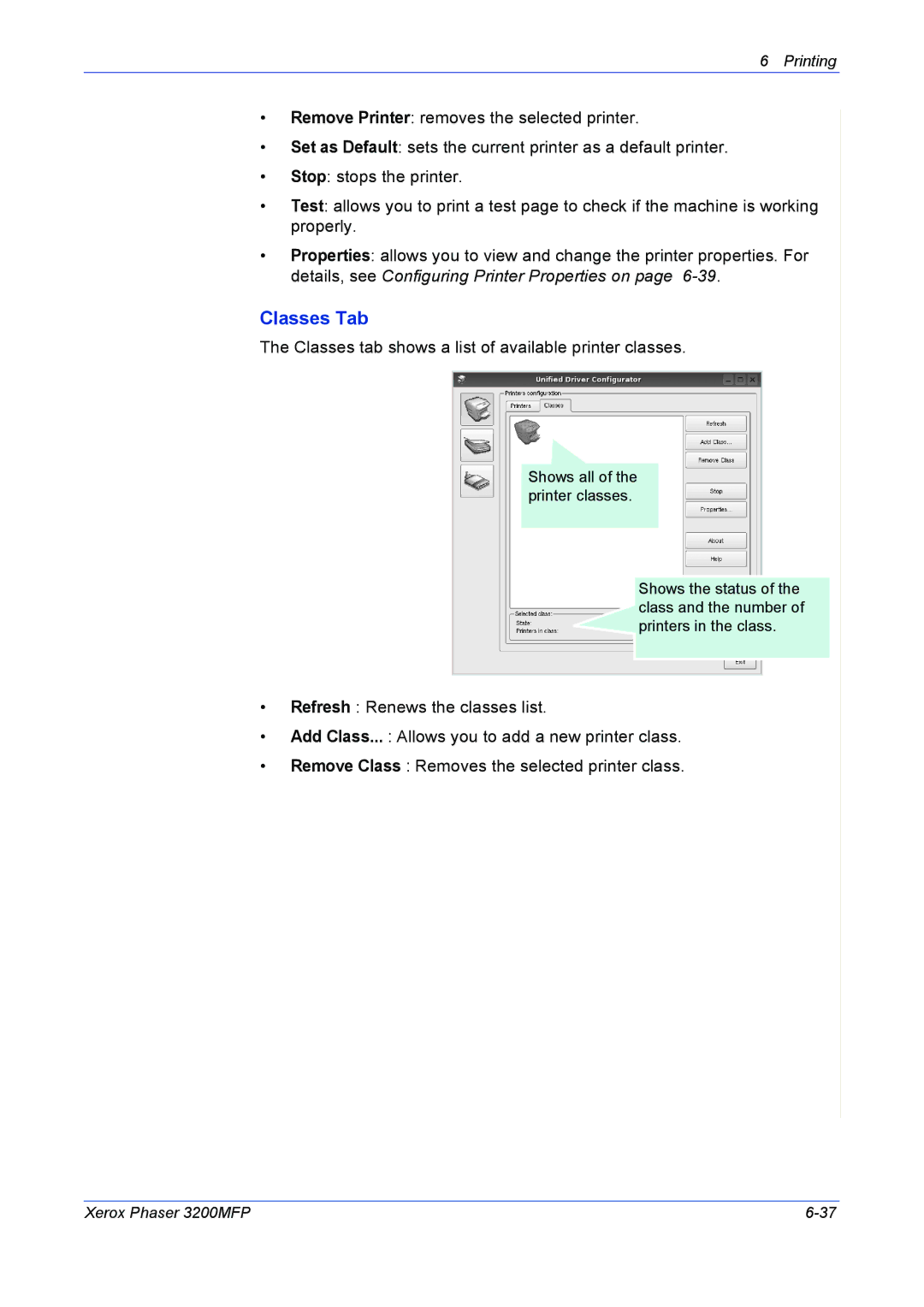 Xerox 3200MFP manual Classes Tab, Classes tab shows a list of available printer classes 