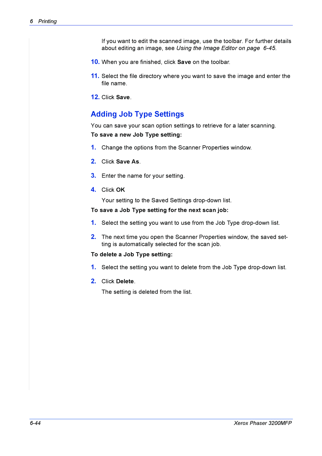 Xerox 3200MFP Adding Job Type Settings, To save a new Job Type setting, To save a Job Type setting for the next scan job 