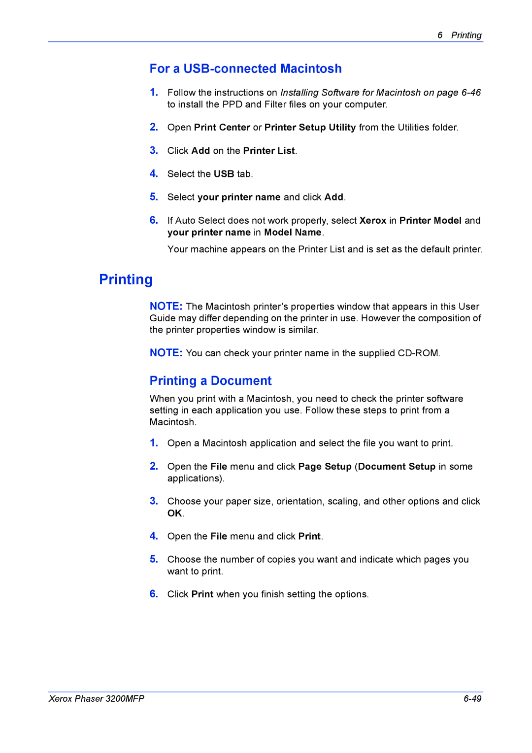 Xerox 3200MFP manual For a USB-connected Macintosh, Printing a Document, Select your printer name and click Add 