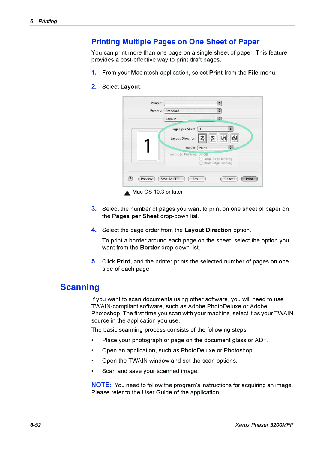 Xerox 3200MFP manual Scanning, Printing Multiple Pages on One Sheet of Paper 