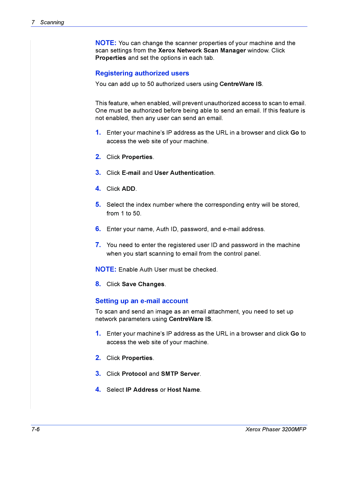 Xerox 3200MFP manual Registering authorized users, Setting up an e-mail account, Click Save Changes 