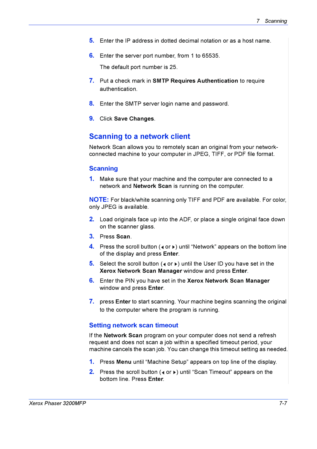 Xerox 3200MFP manual Scanning to a network client, Setting network scan timeout 