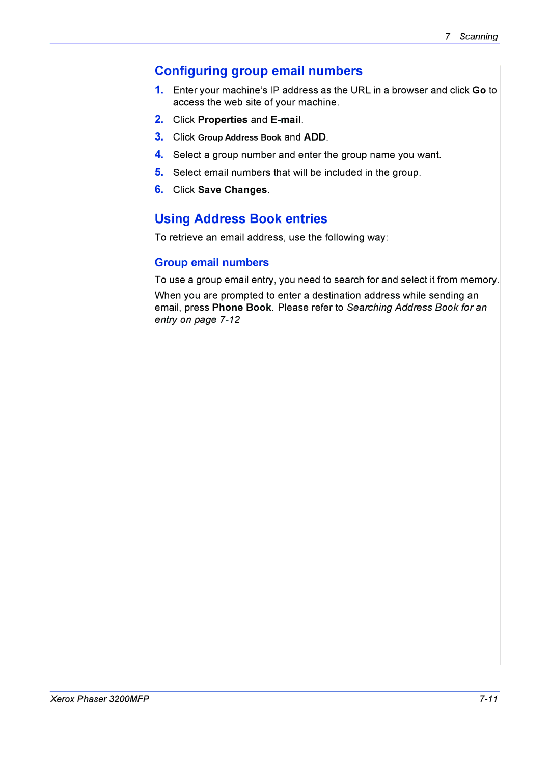 Xerox 3200MFP manual Configuring group email numbers, Using Address Book entries, Group email numbers 
