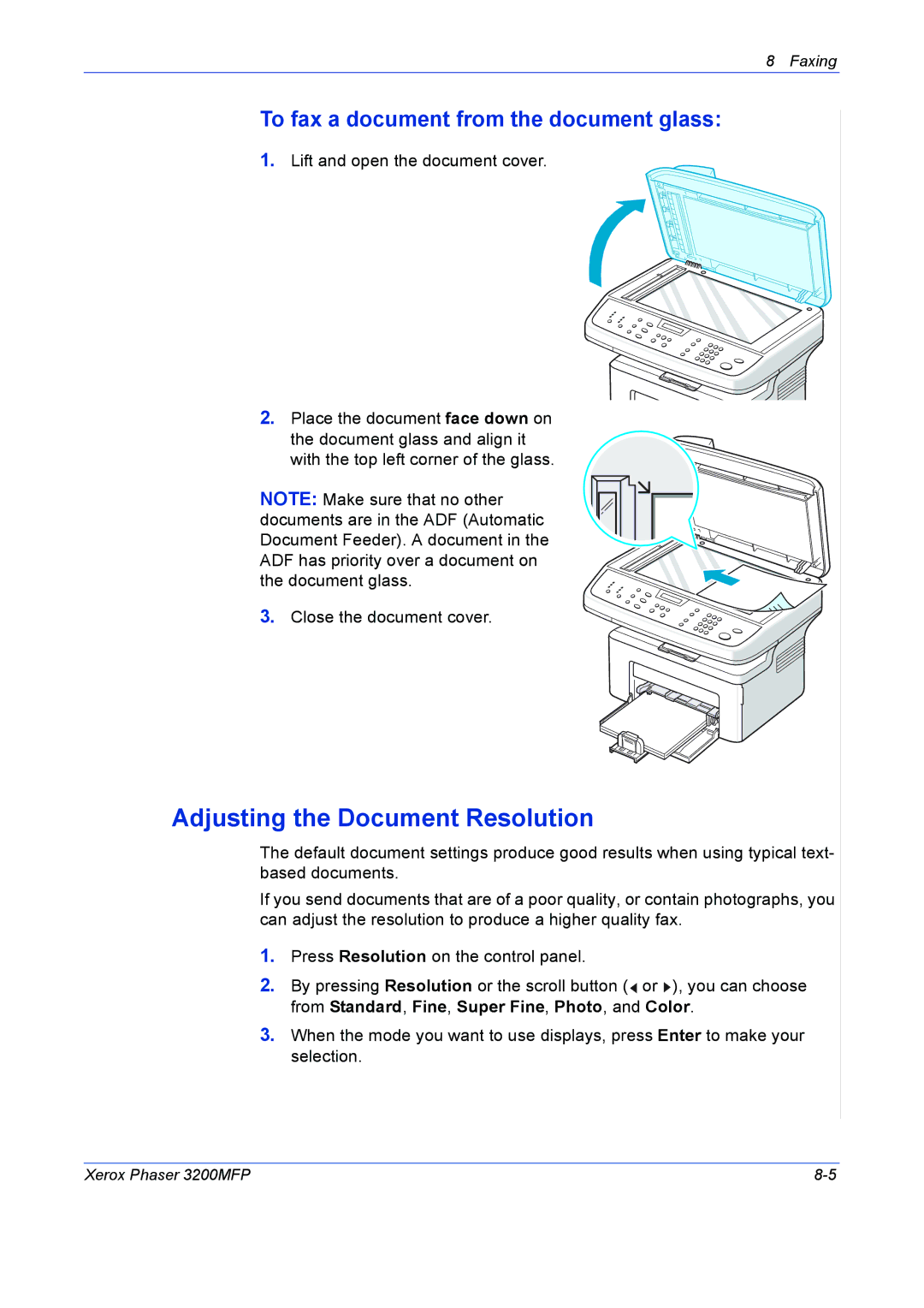 Xerox 3200MFP manual Adjusting the Document Resolution, To fax a document from the document glass 