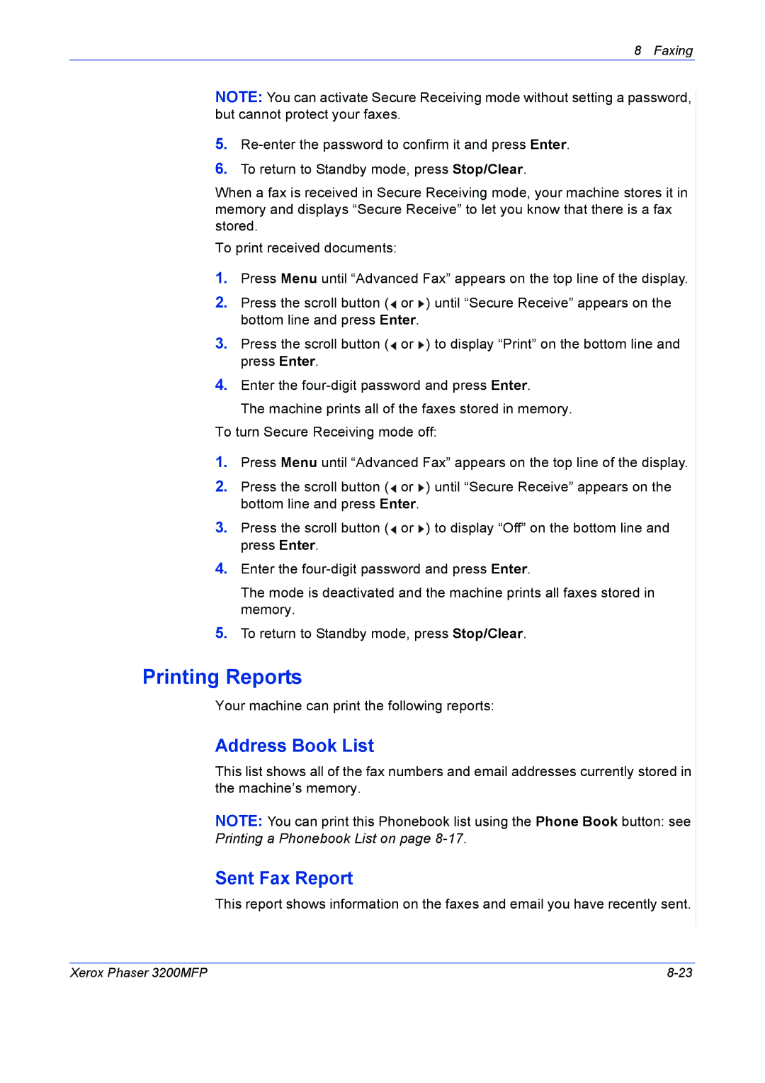 Xerox 3200MFP manual Printing Reports, Address Book List, Sent Fax Report 