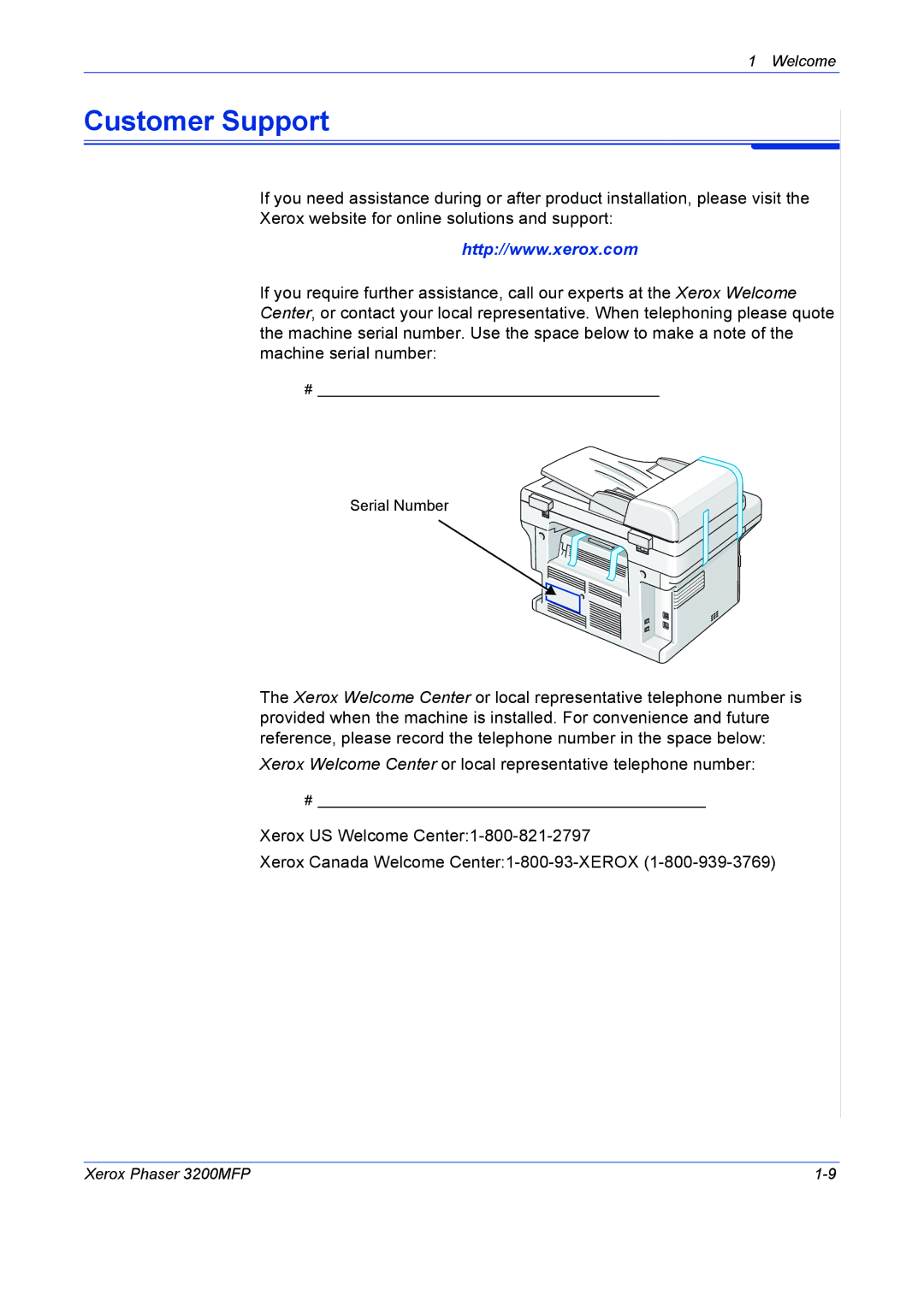 Xerox 3200MFP manual Customer Support 