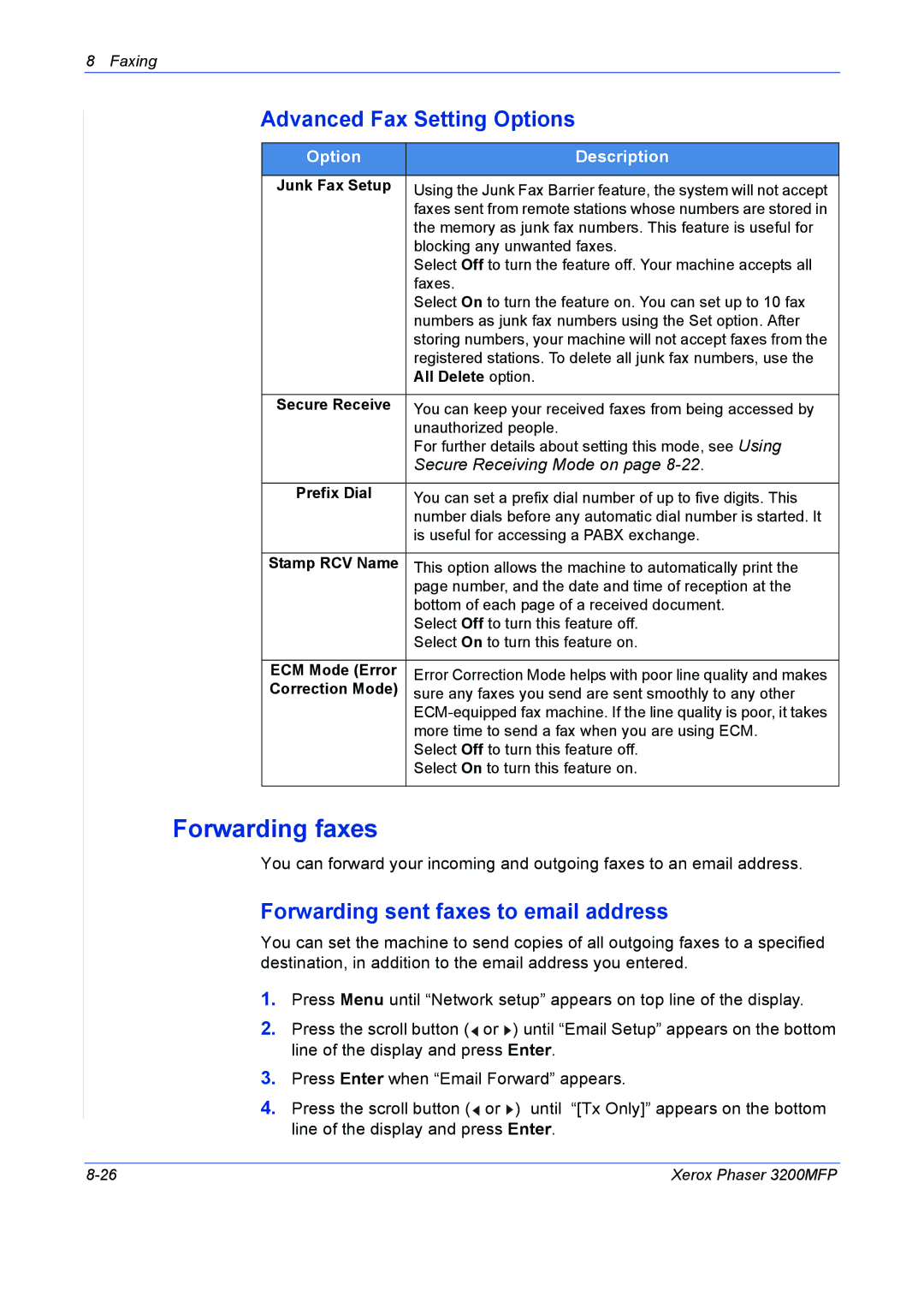 Xerox 3200MFP manual Forwarding faxes, Advanced Fax Setting Options, Forwarding sent faxes to email address 