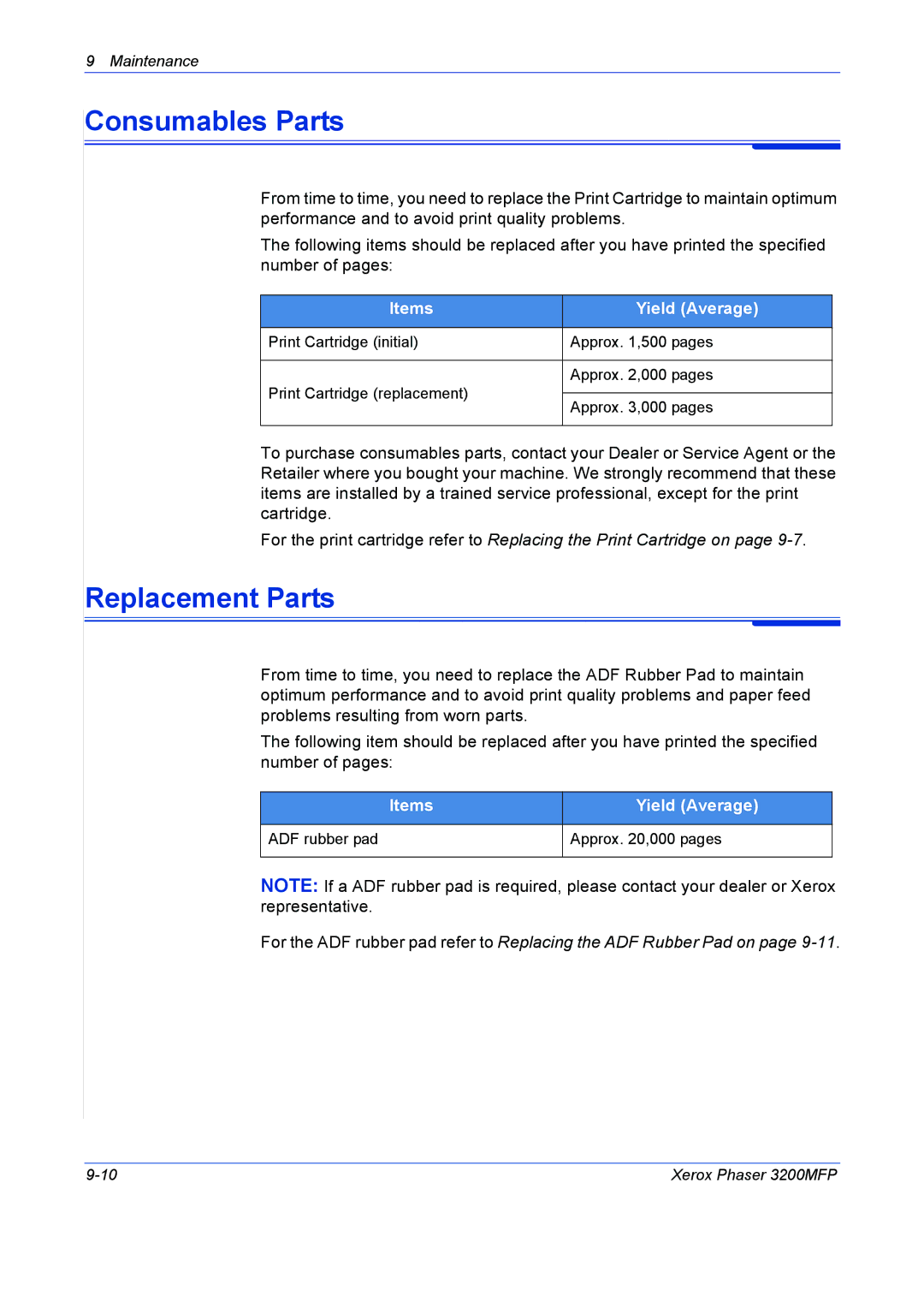 Xerox 3200MFP manual Consumables Parts, Replacement Parts, Items Yield Average 