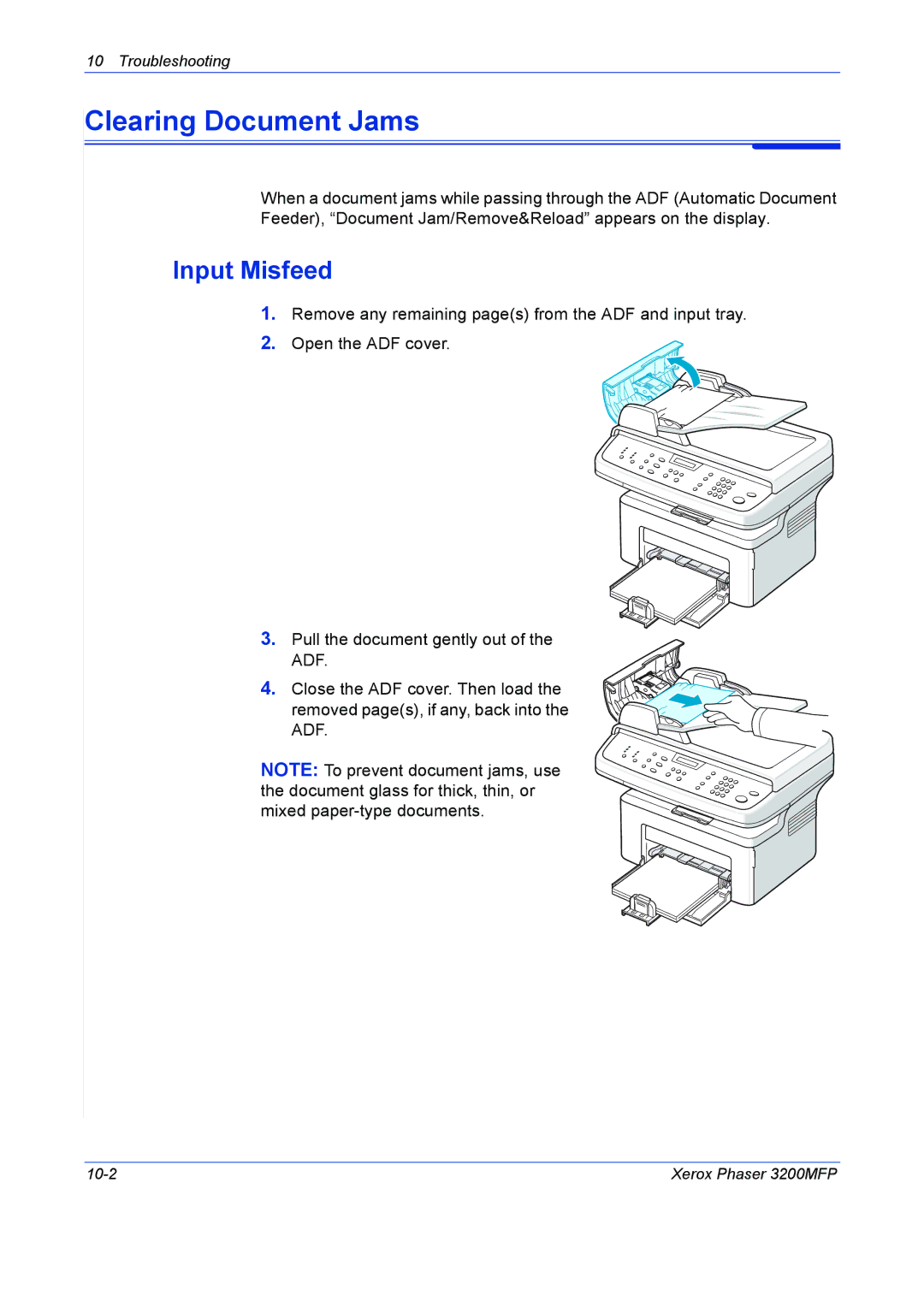 Xerox 3200MFP manual Clearing Document Jams, Input Misfeed 