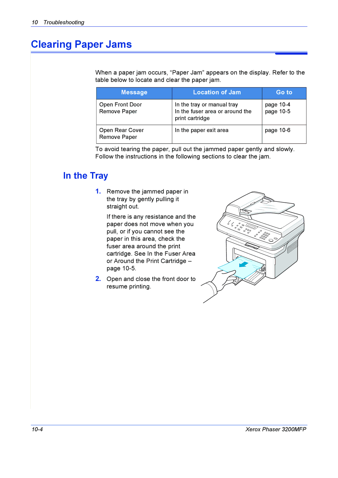 Xerox 3200MFP manual Clearing Paper Jams, Tray, Message Location of Jam Go to 