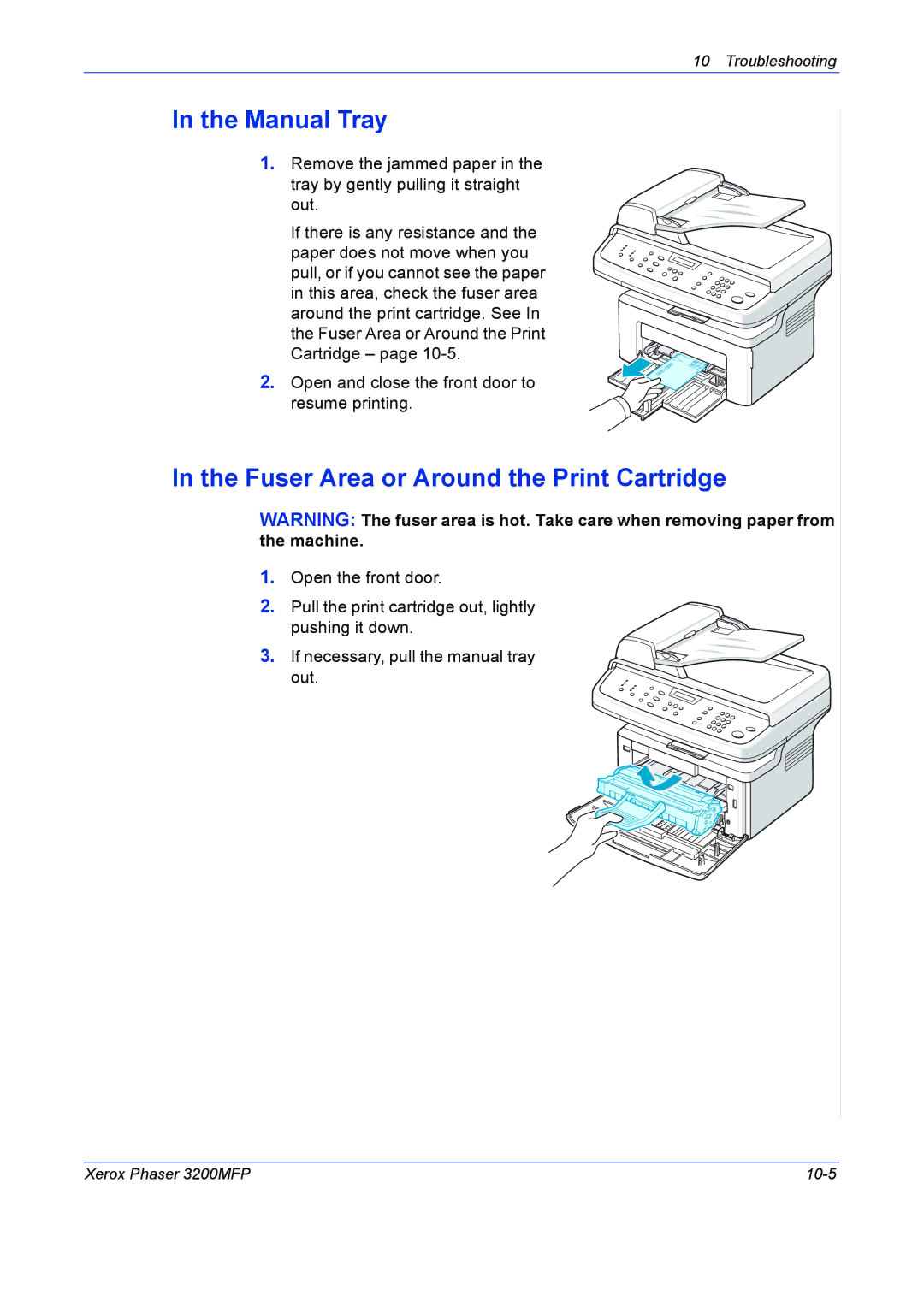 Xerox 3200MFP manual Manual Tray, Fuser Area or Around the Print Cartridge 