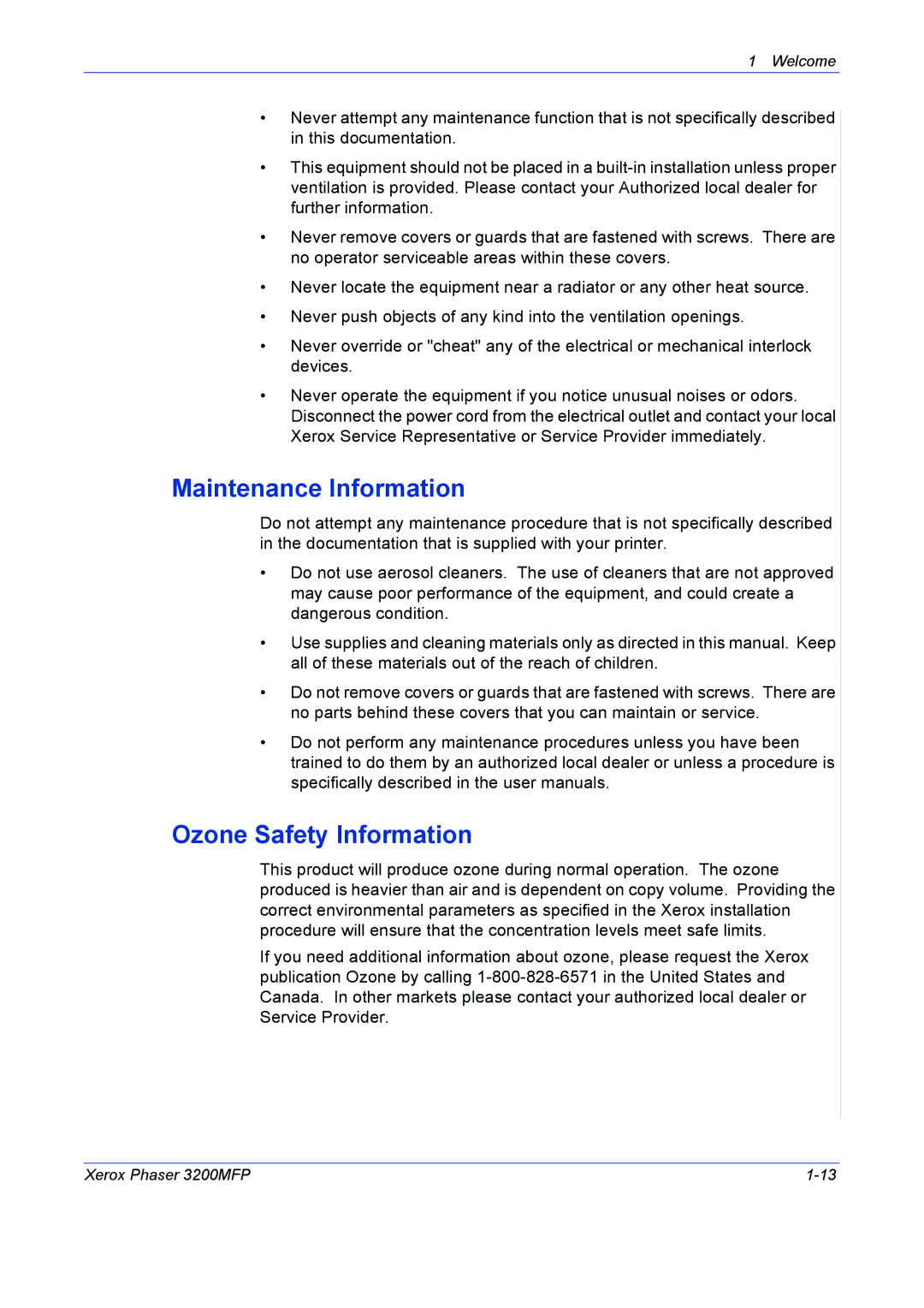 Xerox 3200MFP manual Maintenance Information, Ozone Safety Information 