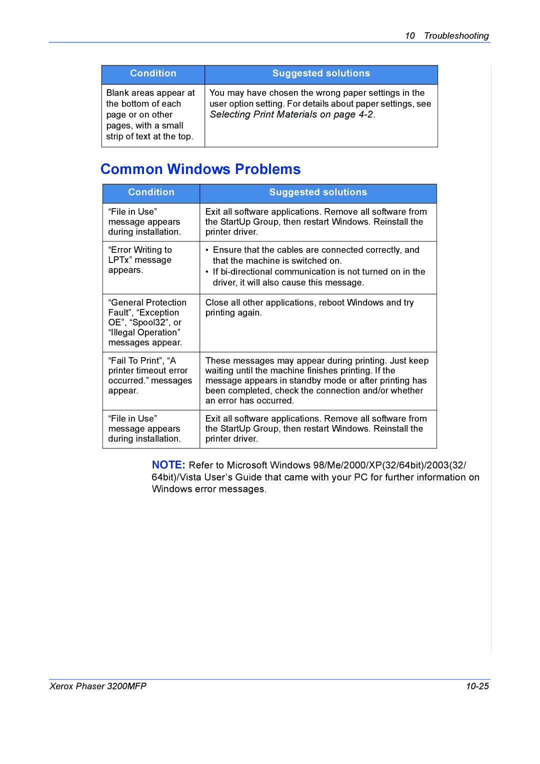 Xerox 3200MFP manual Common Windows Problems, Selecting Print Materials on 