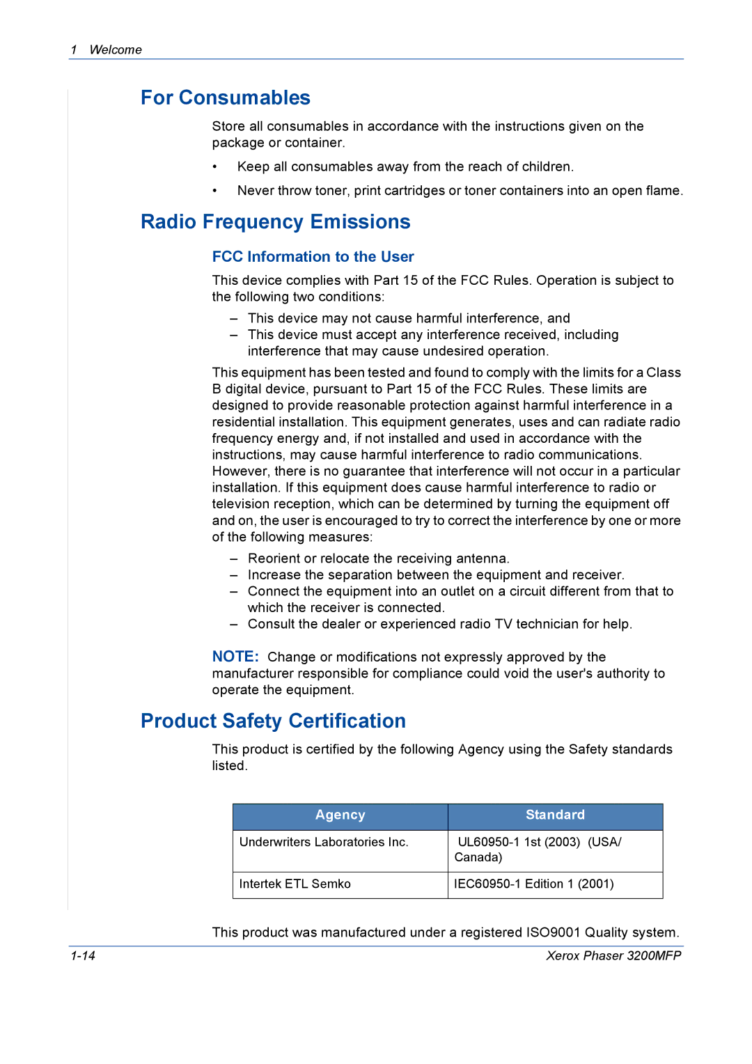 Xerox 3200MFP manual For Consumables, Radio Frequency Emissions, Product Safety Certification, FCC Information to the User 