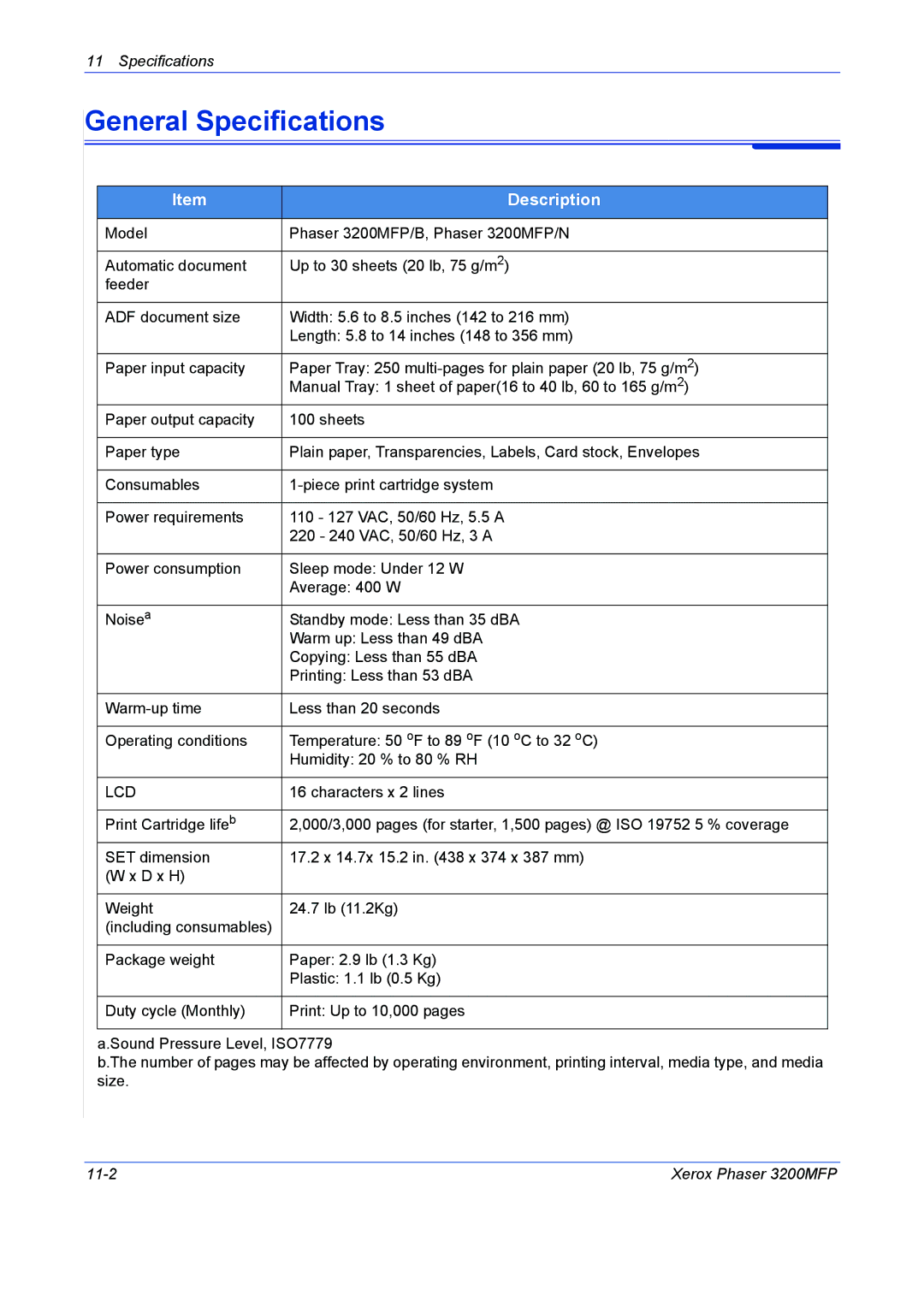 Xerox 3200MFP manual General Specifications, Lcd 