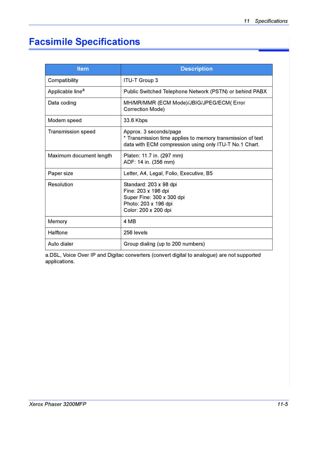 Xerox 3200MFP manual Facsimile Specifications 