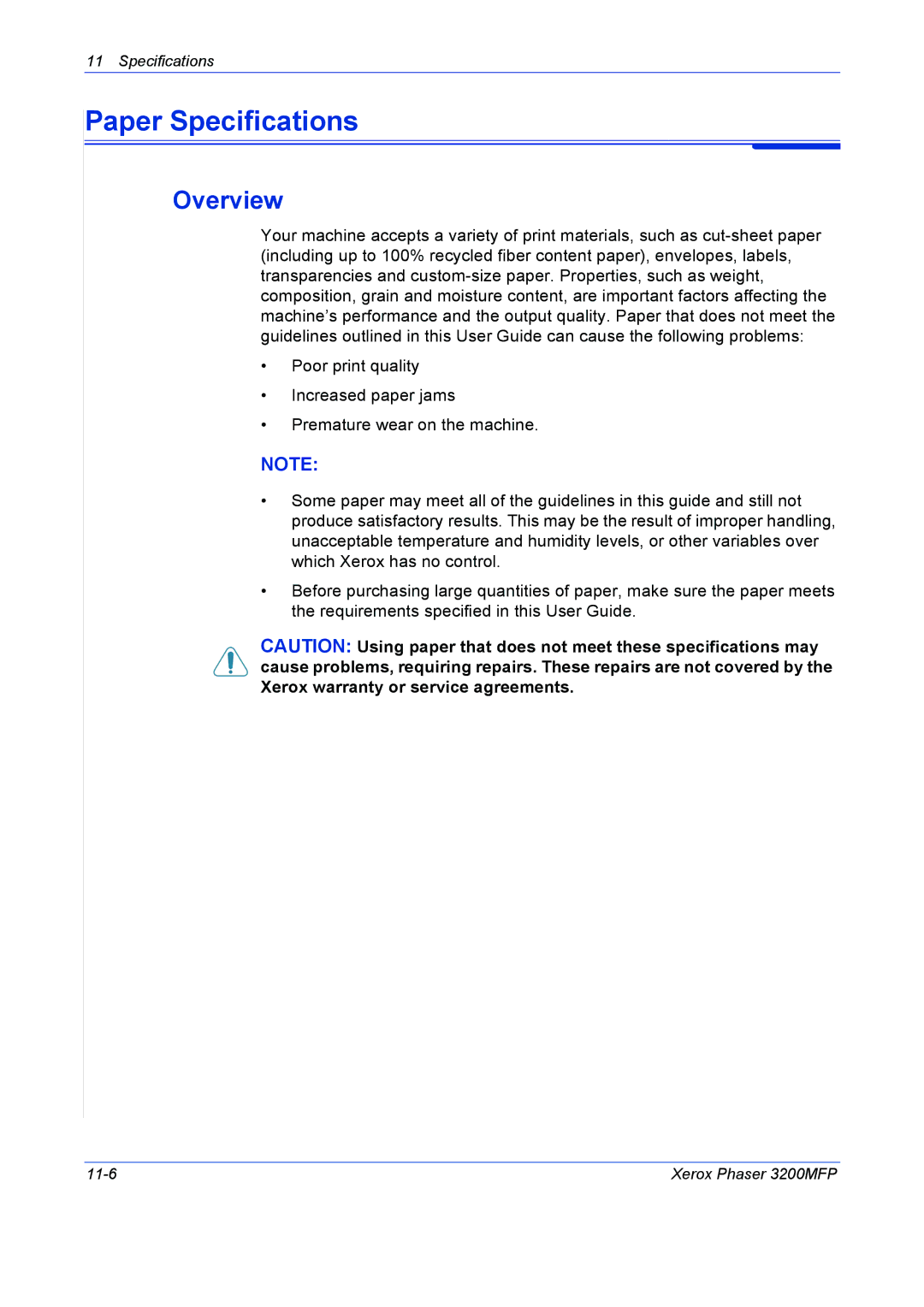 Xerox 3200MFP manual Paper Specifications, Overview 