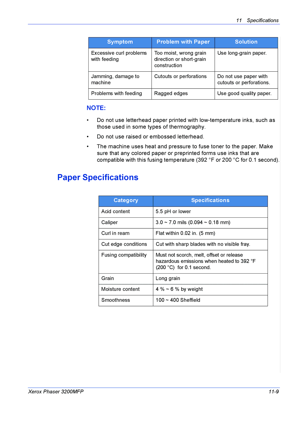 Xerox 3200MFP manual Paper Specifications, Category Specifications 