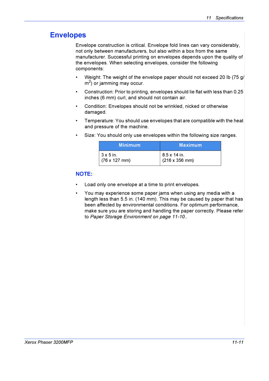 Xerox 3200MFP manual Envelopes, Minimum Maximum 