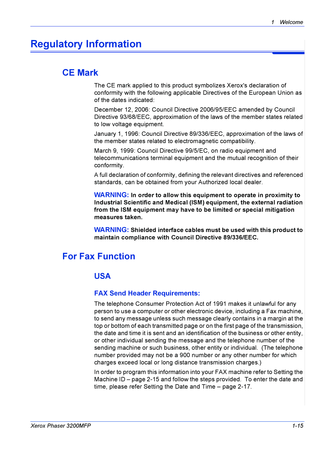 Xerox 3200MFP manual Regulatory Information, CE Mark, For Fax Function, FAX Send Header Requirements 