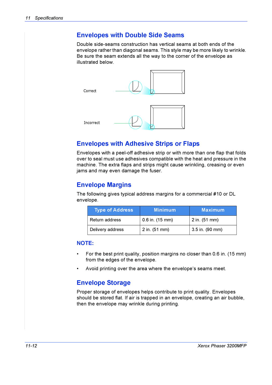 Xerox 3200MFP manual Envelopes with Double Side Seams, Envelopes with Adhesive Strips or Flaps, Envelope Margins 