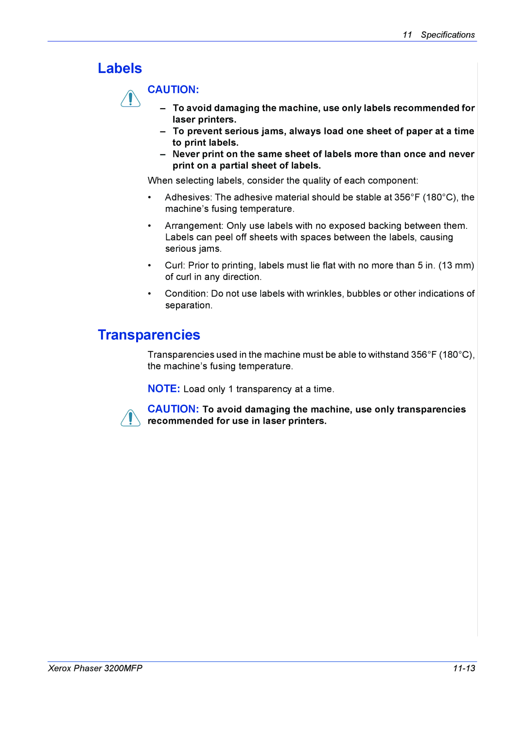 Xerox 3200MFP manual Labels, Transparencies 