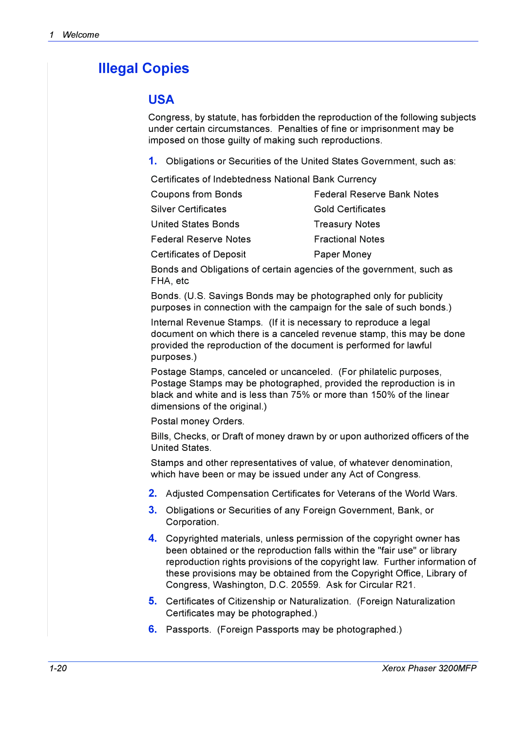 Xerox 3200MFP manual Illegal Copies 