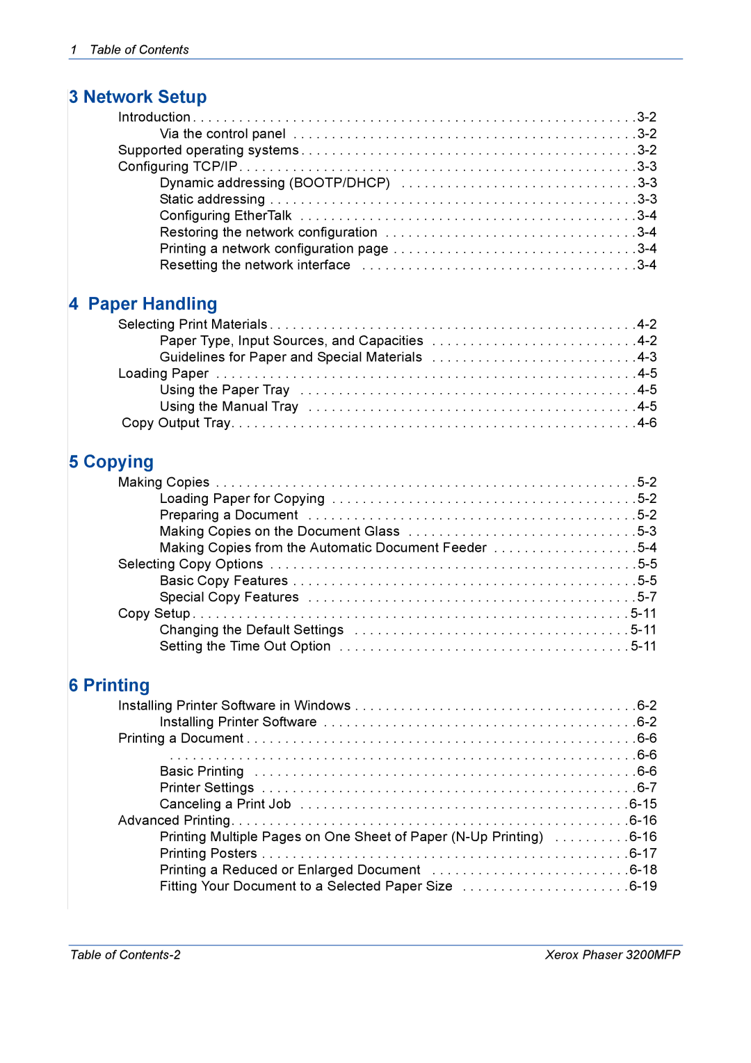 Xerox 3200MFP manual Network Setup, Paper Handling, Copying, Printing 