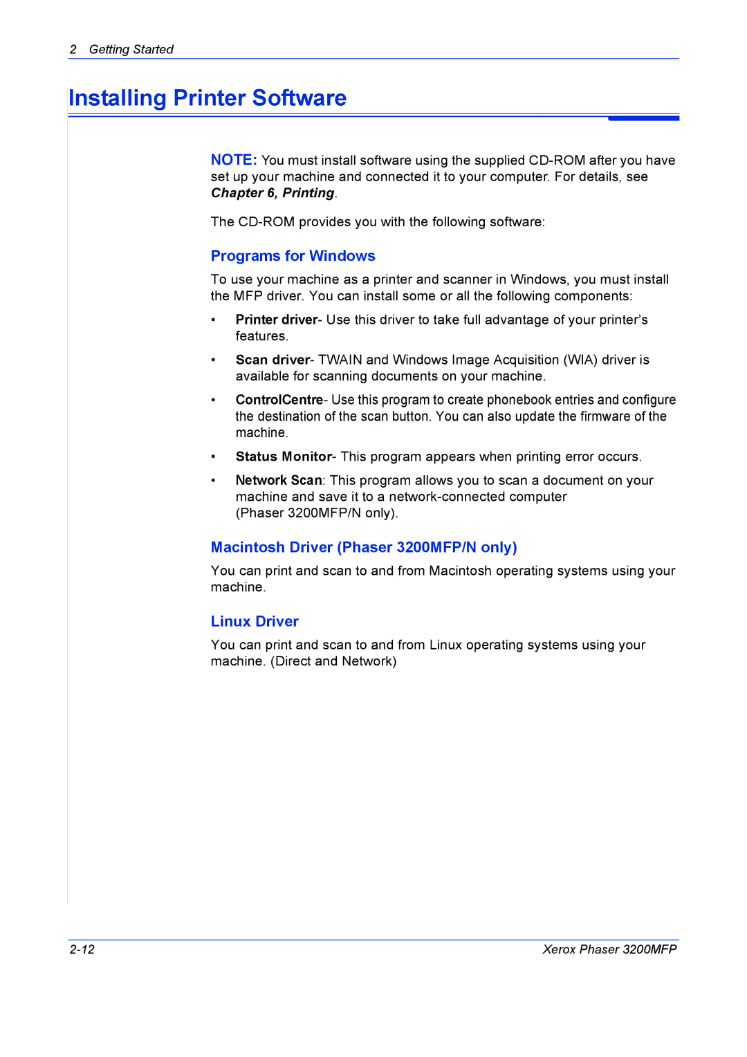 Xerox manual Installing Printer Software, Programs for Windows, Macintosh Driver Phaser 3200MFP/N only, Linux Driver 