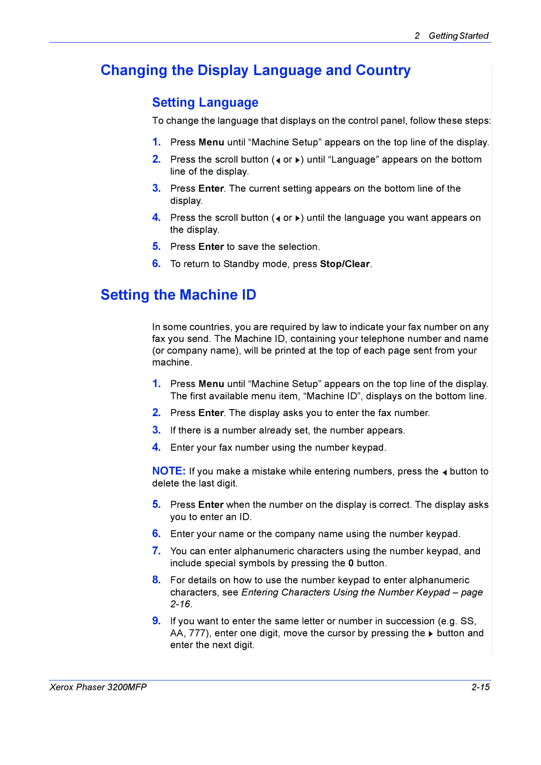 Xerox 3200MFP manual Changing the Display Language and Country, Setting the Machine ID, Setting Language 