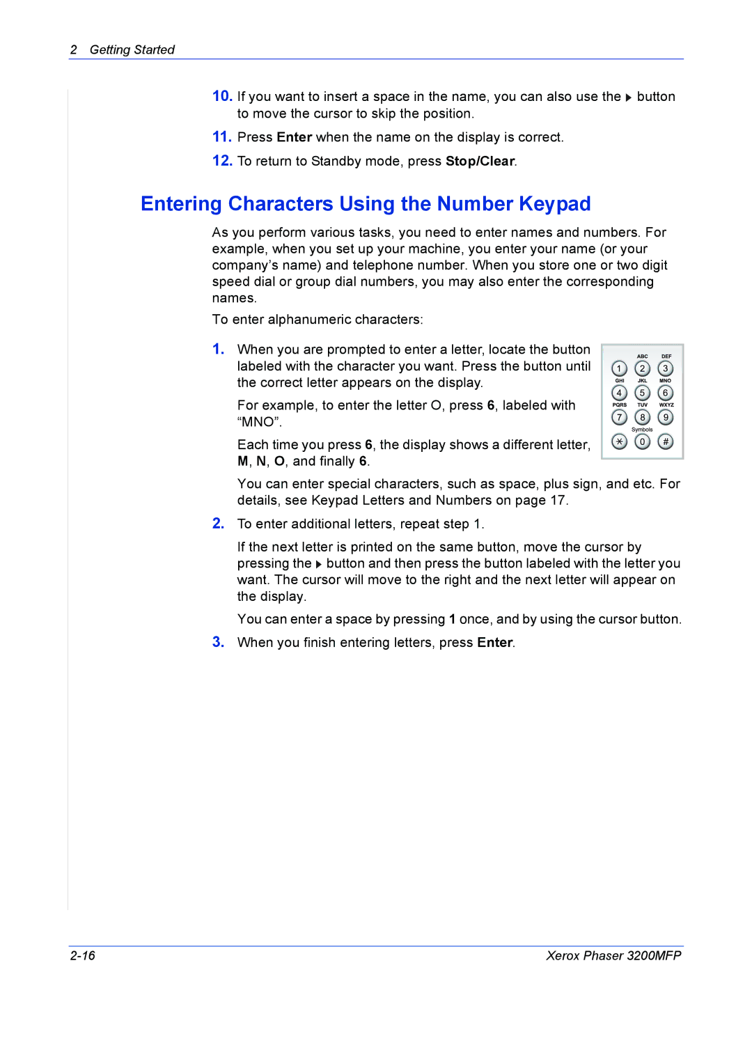 Xerox 3200MFP manual Entering Characters Using the Number Keypad 