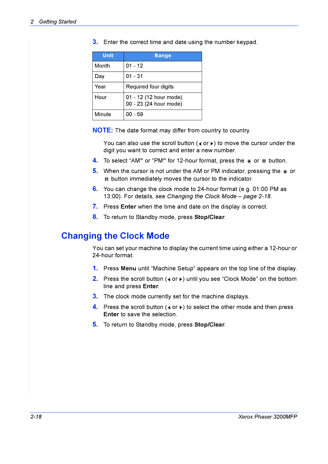 Xerox 3200MFP manual Changing the Clock Mode 