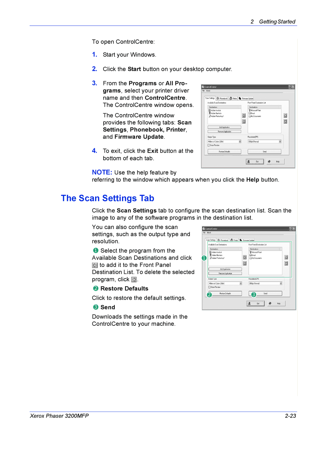 Xerox 3200MFP manual Scan Settings Tab, Restore Defaults, Send 