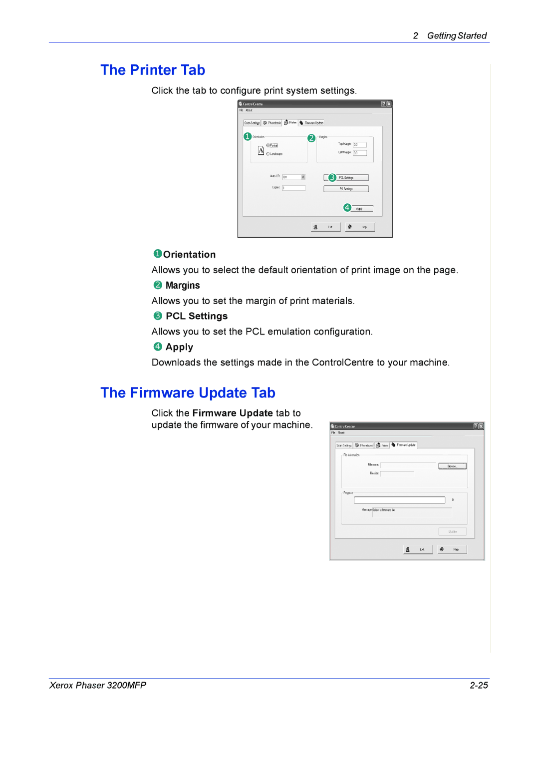 Xerox 3200MFP manual Printer Tab, Firmware Update Tab 