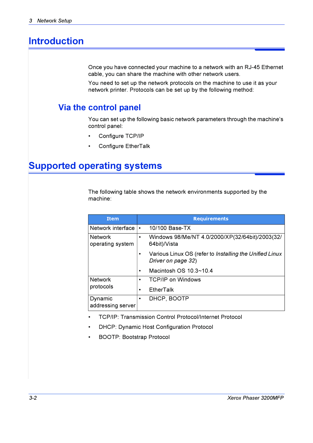 Xerox 3200MFP manual Introduction, Supported operating systems, Via the control panel, Driver on 