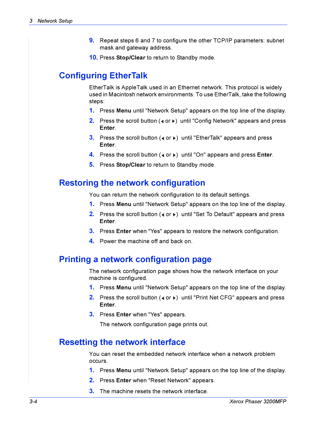 Xerox 3200MFP manual Configuring EtherTalk, Restoring the network configuration, Printing a network configuration 