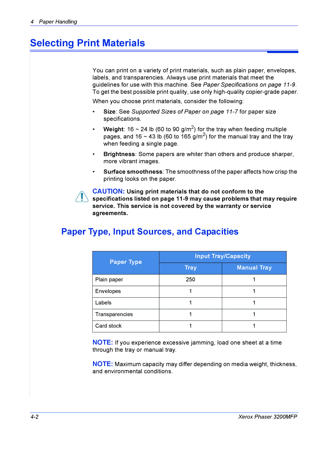 Xerox 3200MFP manual Selecting Print Materials, Paper Type, Input Sources, and Capacities, Paper Type Input Tray/Capacity 