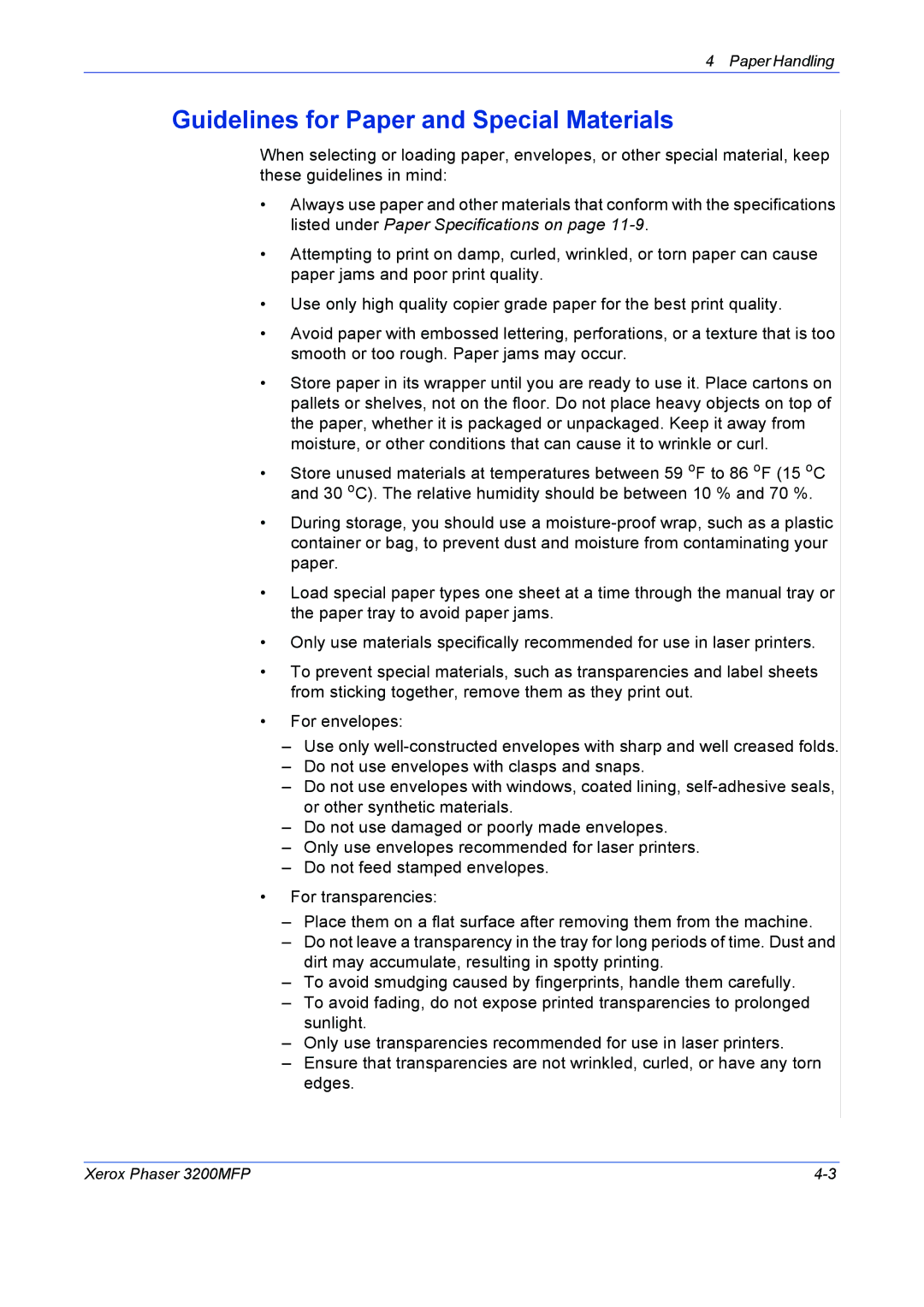 Xerox 3200MFP manual Guidelines for Paper and Special Materials 