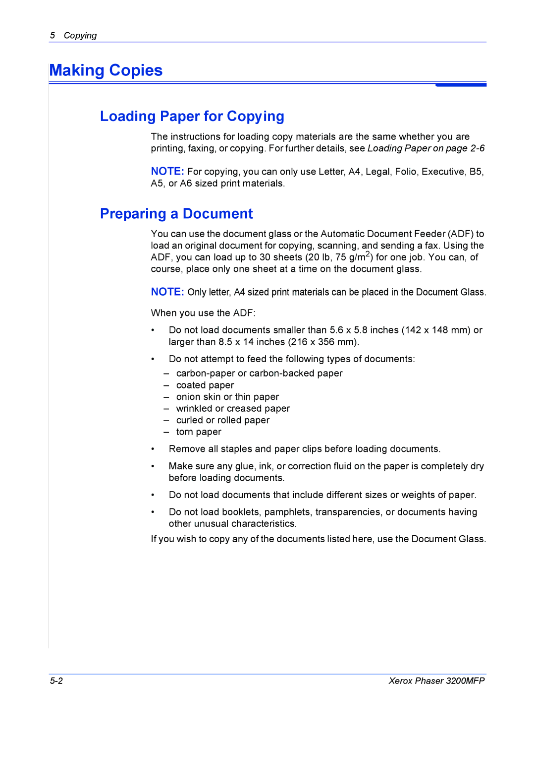 Xerox 3200MFP manual Making Copies, Loading Paper for Copying, Preparing a Document 