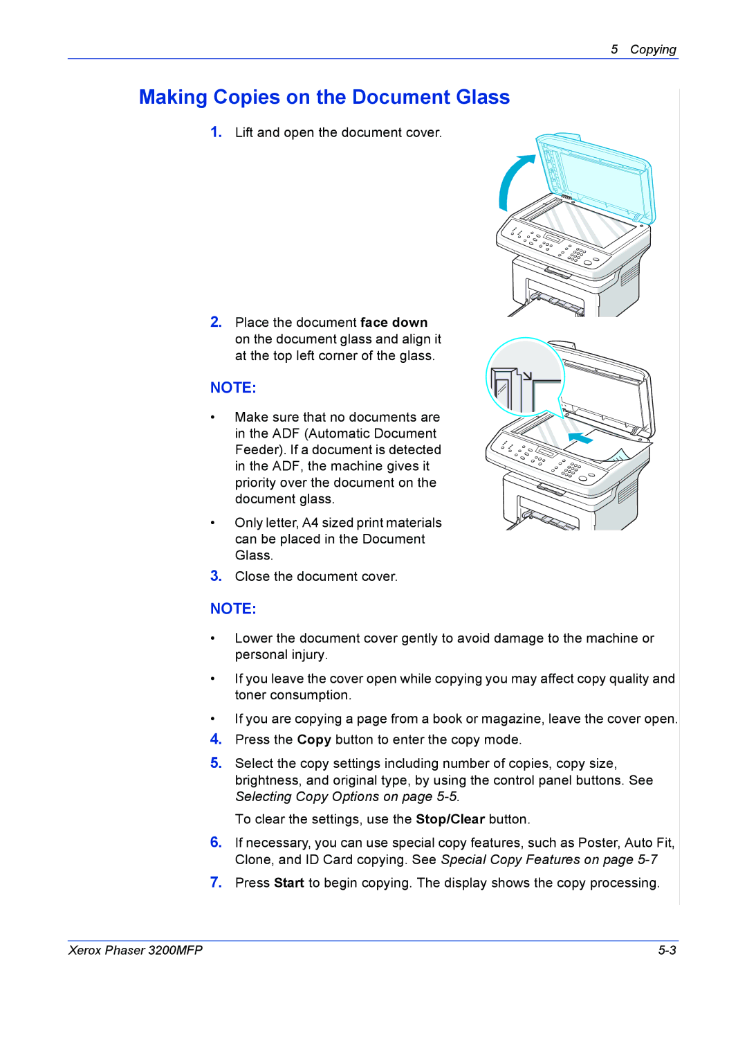 Xerox 3200MFP manual Making Copies on the Document Glass 