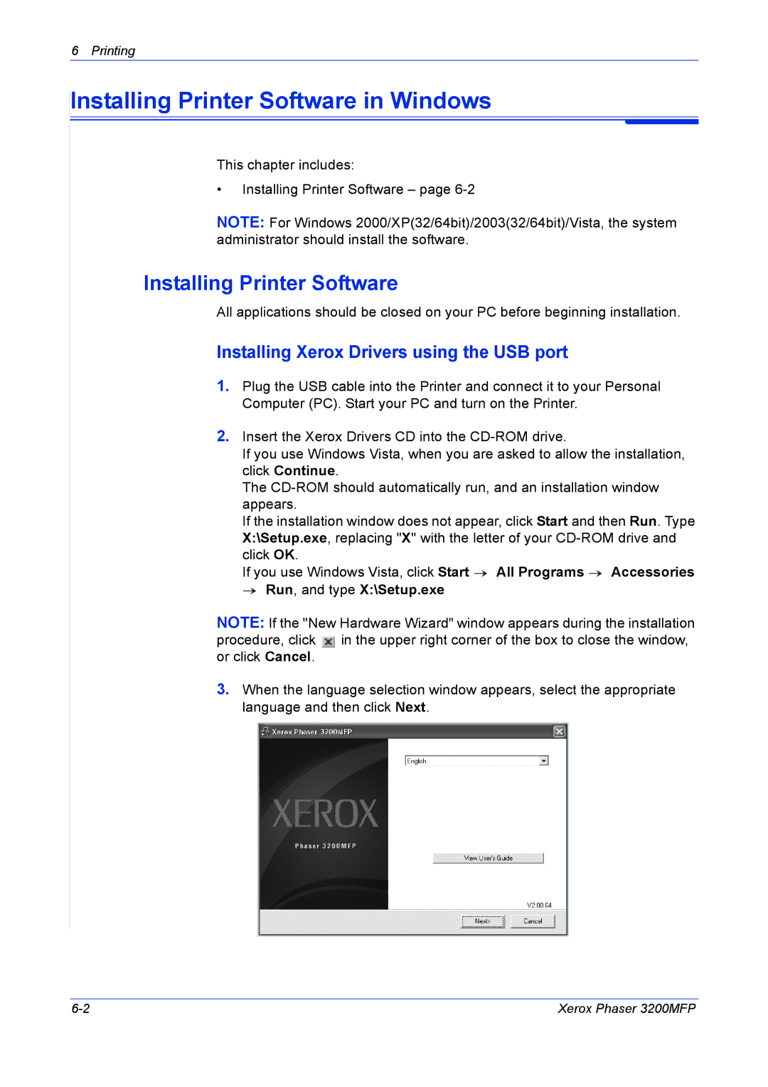 Xerox 3200MFP manual Installing Printer Software in Windows, Installing Xerox Drivers using the USB port 