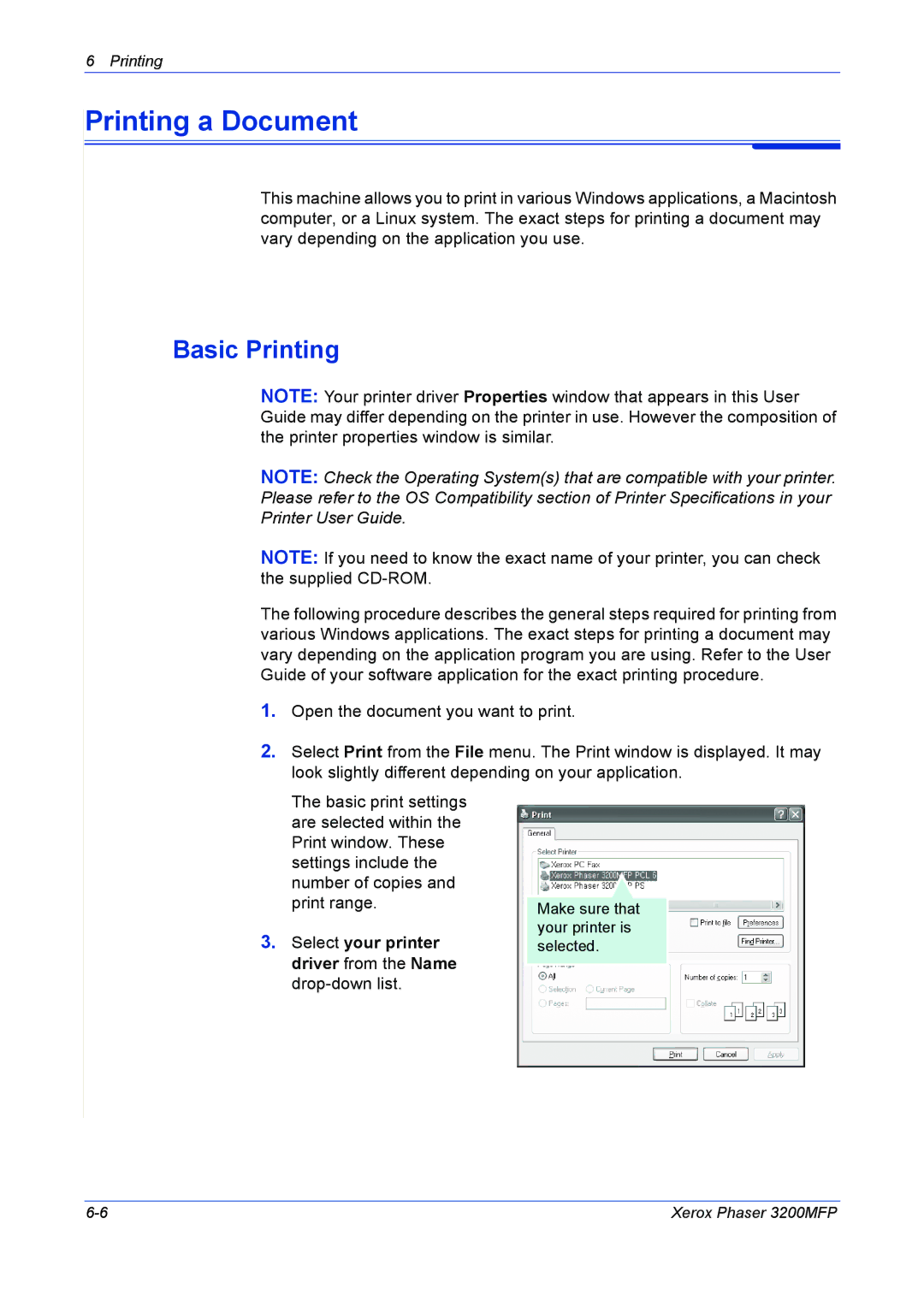 Xerox 3200MFP manual Printing a Document, Basic Printing 