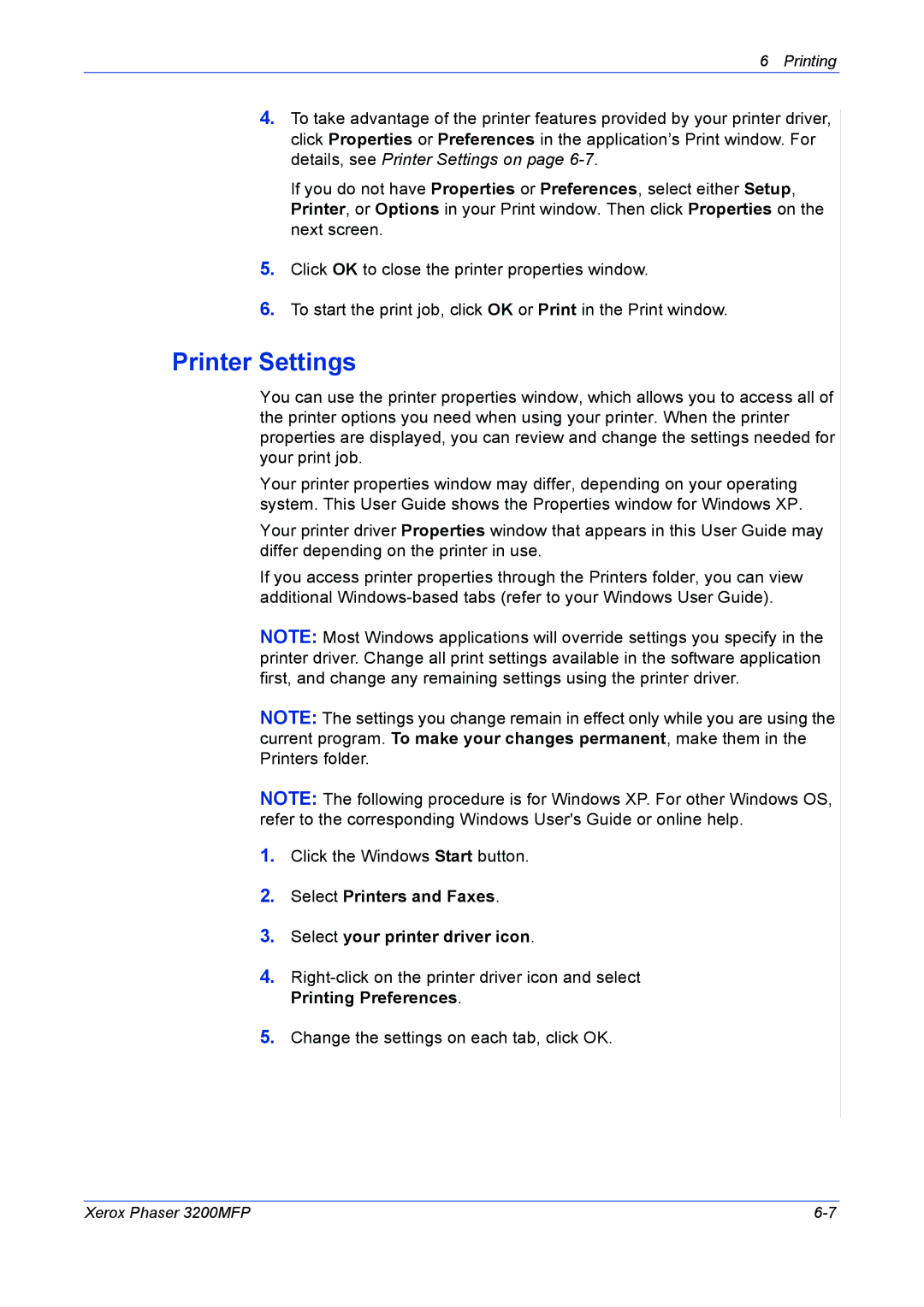 Xerox 3200MFP manual Printer Settings, Select Printers and Faxes Select your printer driver icon 