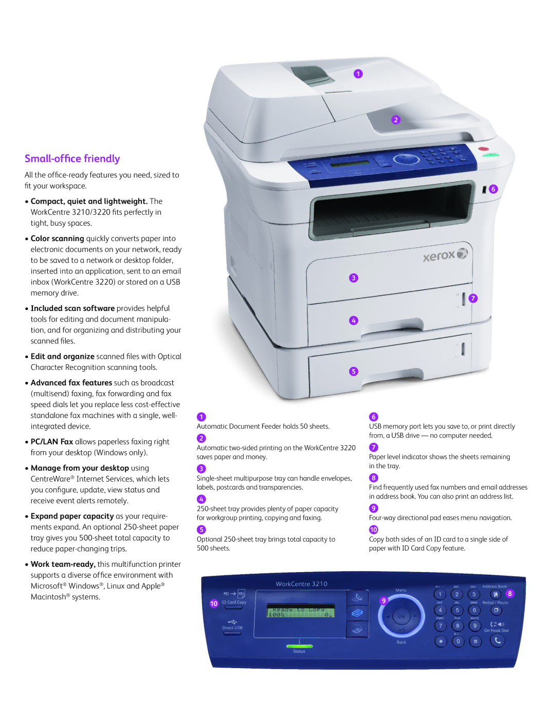 Xerox 3220, 3210 manual Small-office friendly, Advanced fax features such as broadcast 