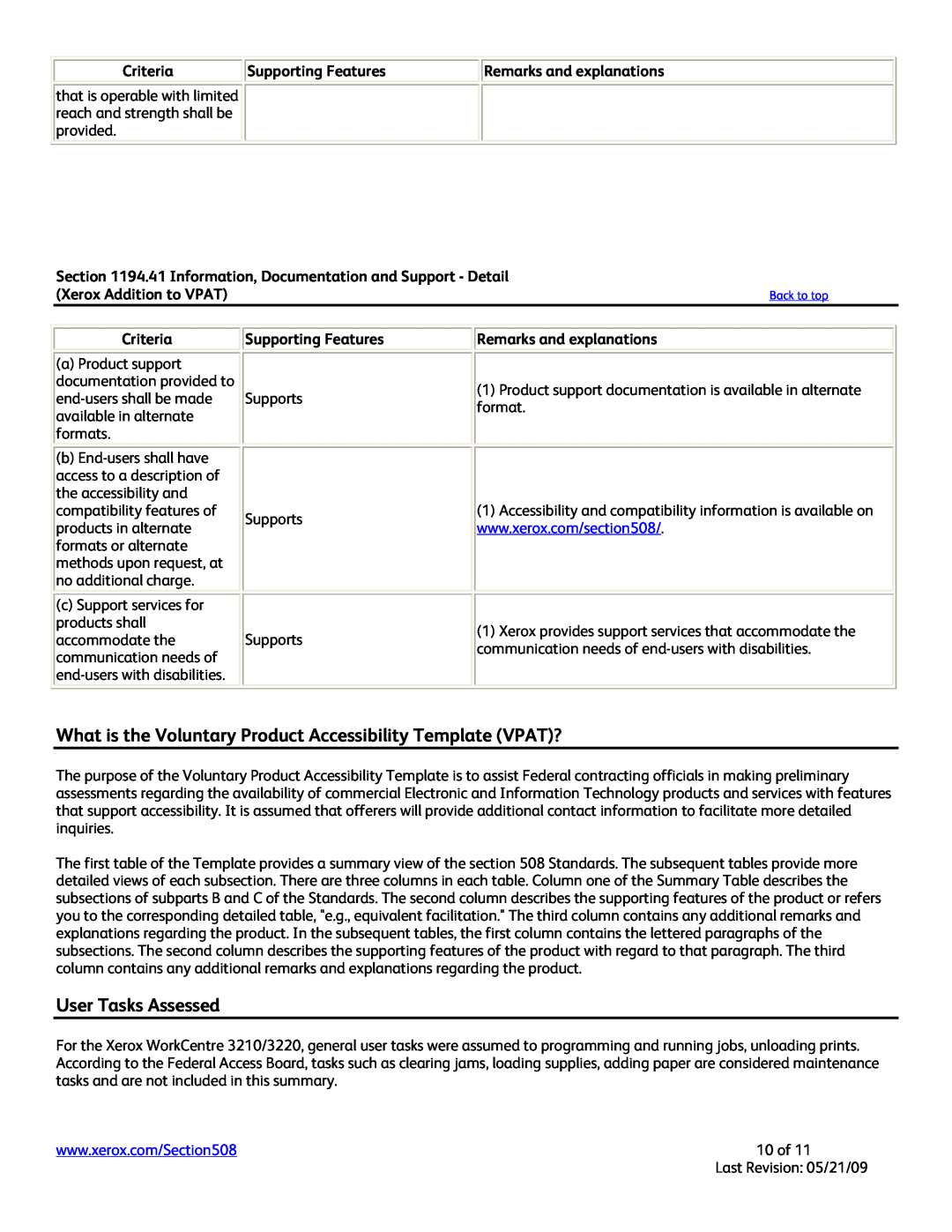 Xerox 3210 manual What is the Voluntary Product Accessibility Template VPAT?, User Tasks Assessed, Xerox Addition to VPAT 